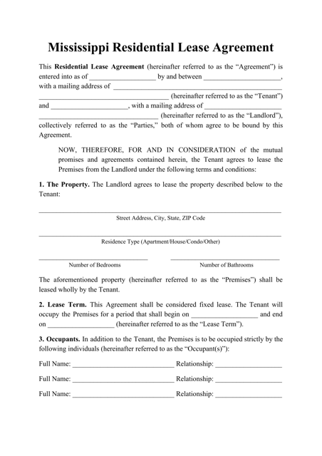 Residential Lease Agreement Template - Mississippi