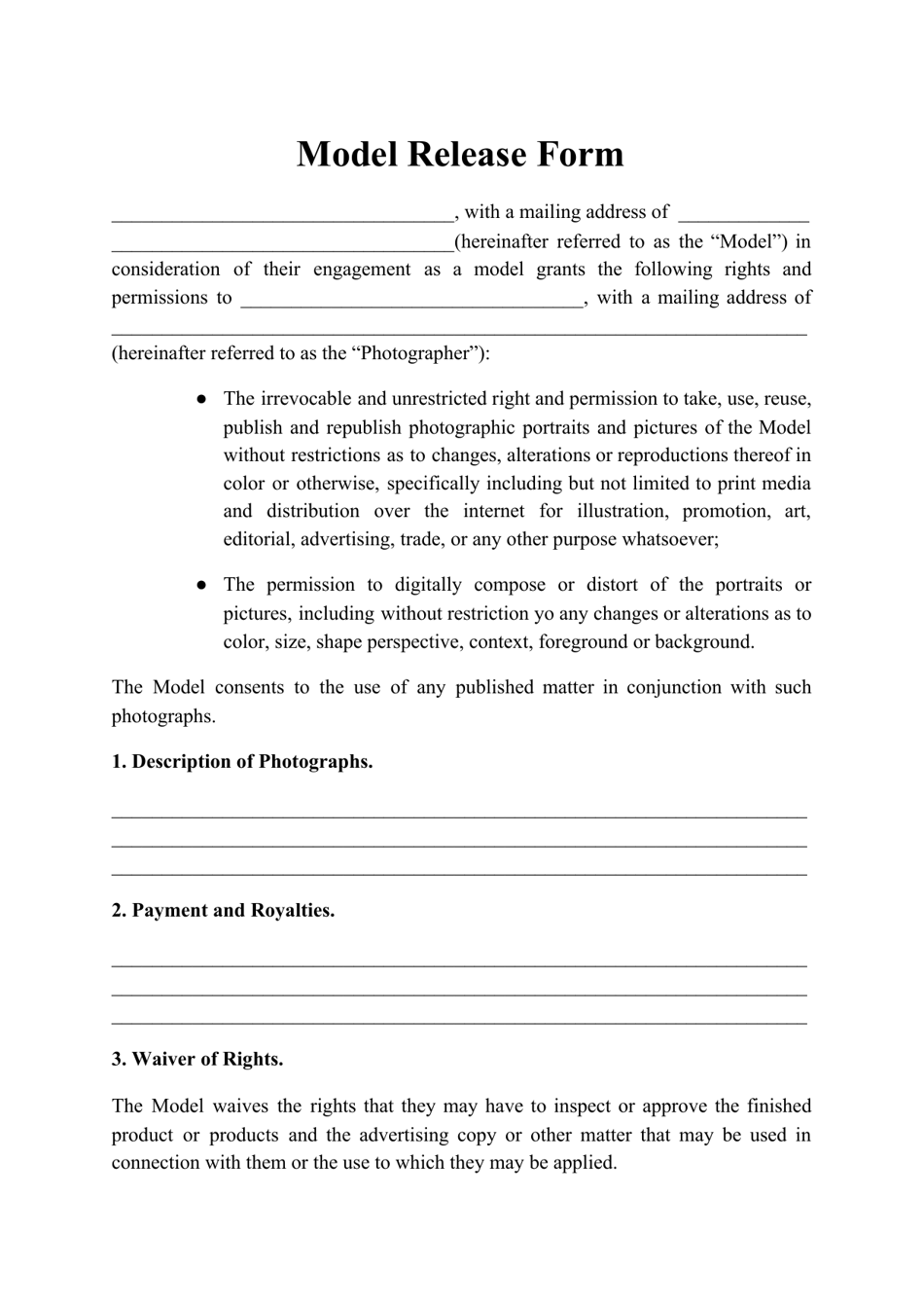 Model Release Form, Page 1