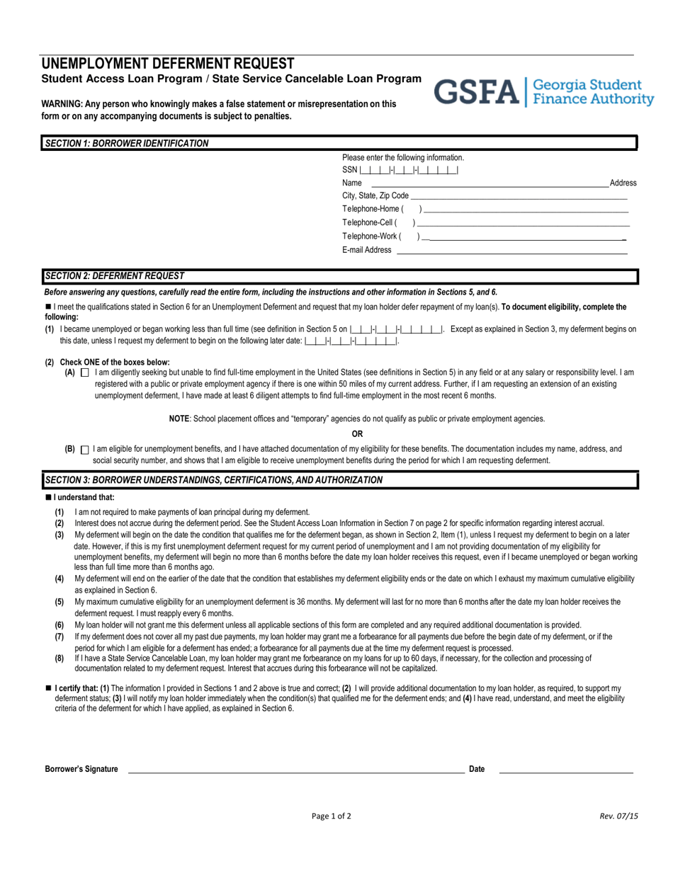 Unemployment Deferment Request - Georgia (United States), Page 1