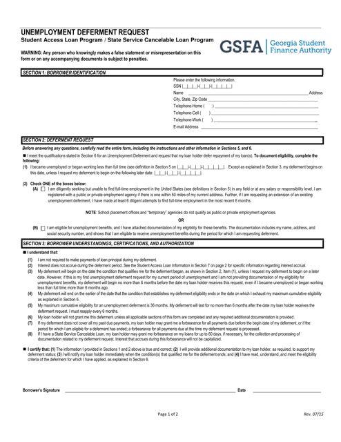 Unemployment Deferment Request - Georgia (United States) Download Pdf