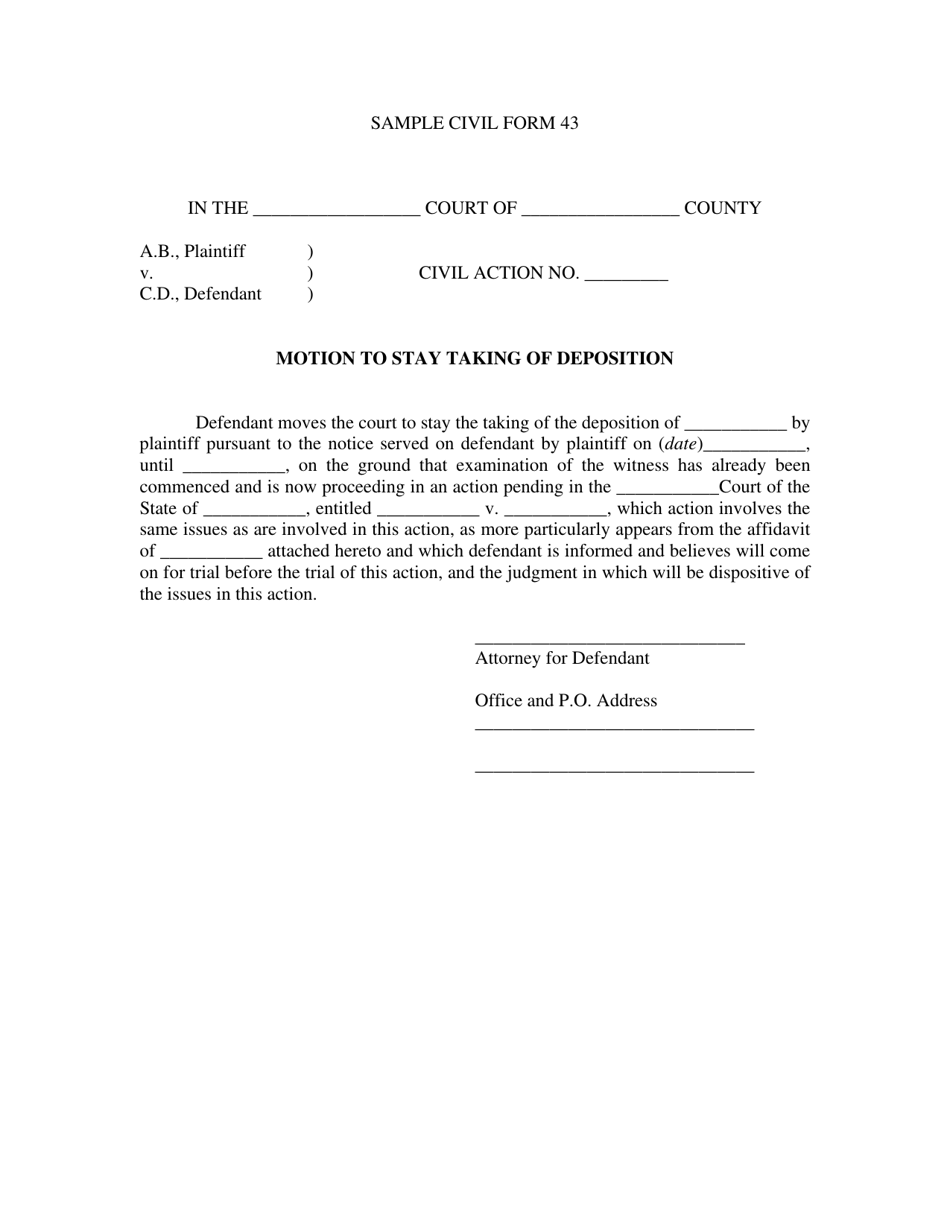 Sample Civil Form 43 Motion to Stay Taking of Deposition - Alabama, Page 1