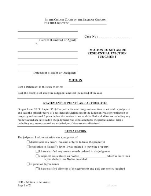 Motion to Set Aside Residential Eviction Judgment - Oregon Download Pdf