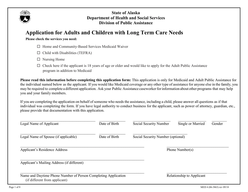 Form MED4 (06-3863) Application for Adults and Children With Long Term Care Needs - Alaska