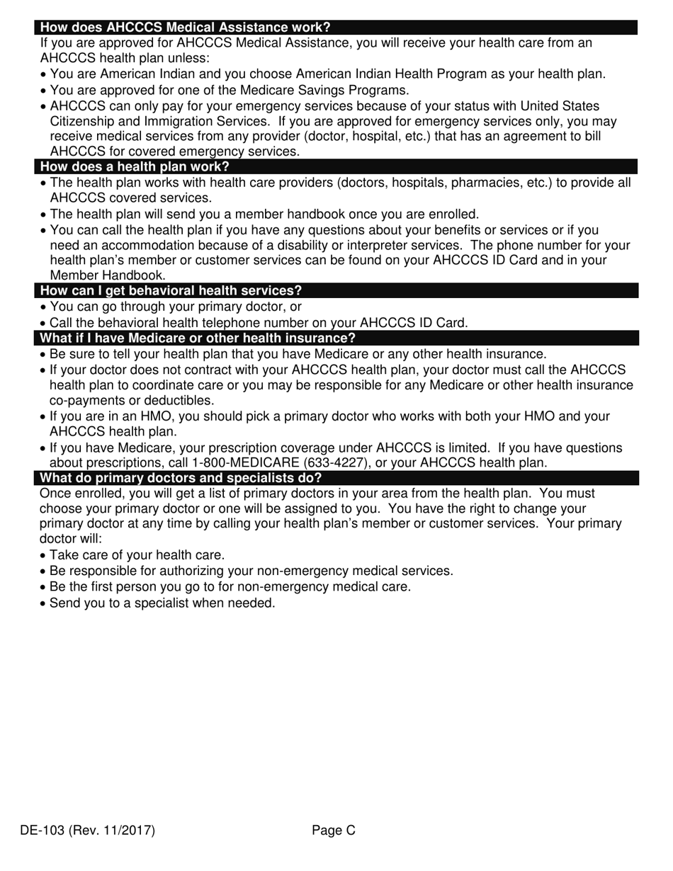 Form DE-103 Application for Ahcccs Health Insurance and Medicare Savings Programs - Arizona, Page 3