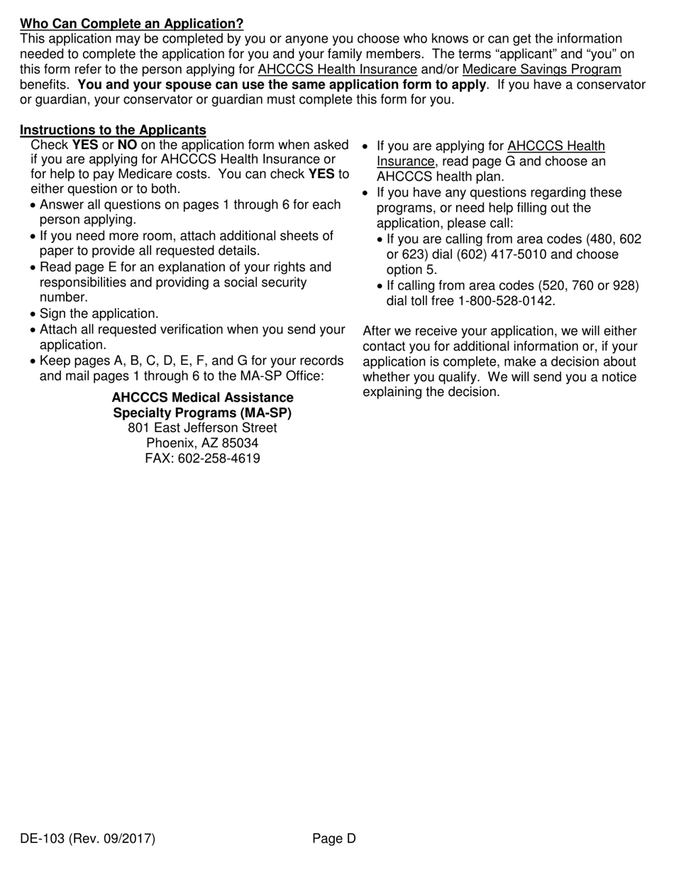 Form DE-103 Application for Ahcccs Health Insurance and Medicare Savings Programs - Arizona, Page 4