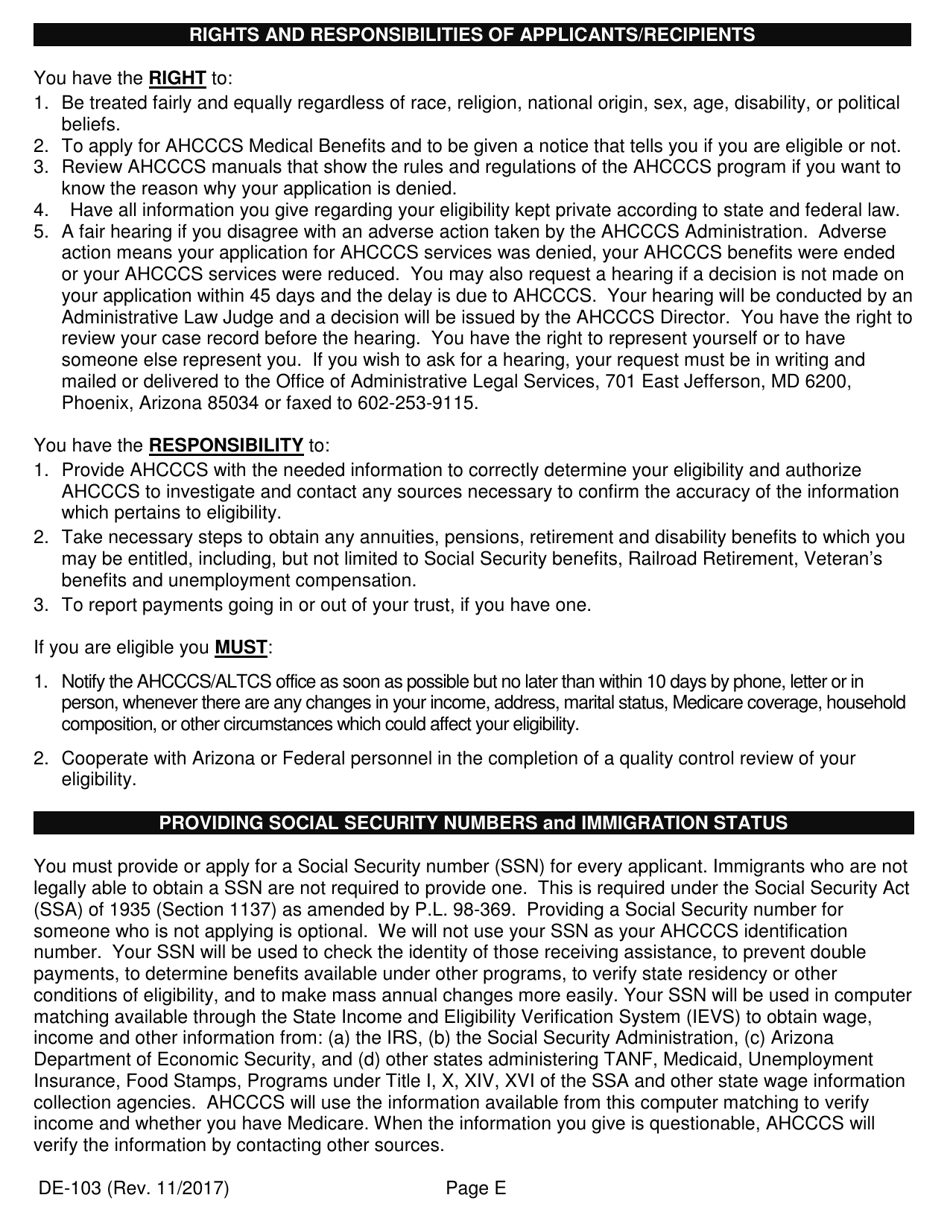 Form DE-103 Application for Ahcccs Health Insurance and Medicare Savings Programs - Arizona, Page 5