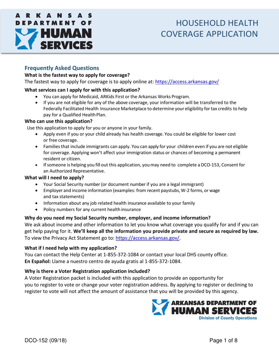 Form DCO-152 Download Fillable PDF or Fill Online Household Health Coverage  Application Arkansas | Templateroller