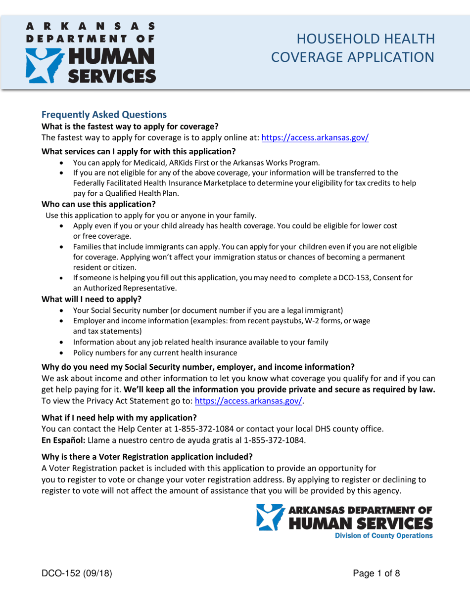 Form DCO-152 Household Health Coverage Application - Arkansas, Page 1