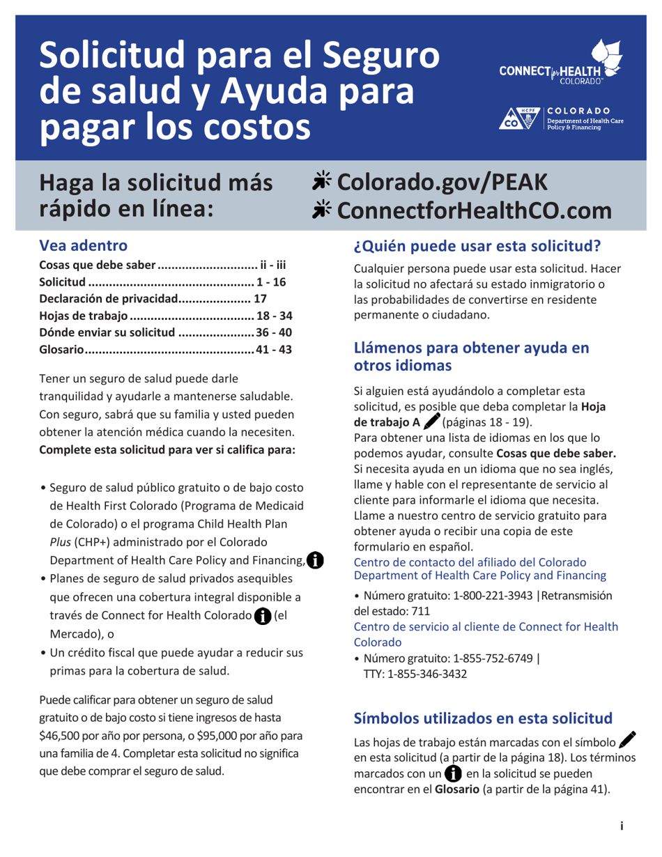 Solicitud Para El Seguro De Salud Y Ayuda Para Pagar Los Costos - Colorado (Spanish), Page 1