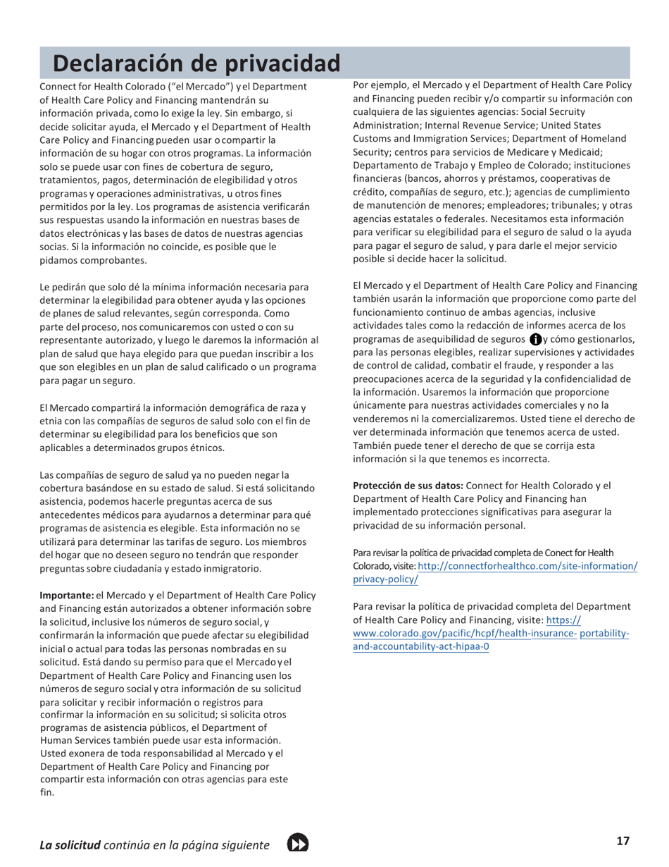 Solicitud Para El Seguro De Salud Y Ayuda Para Pagar Los Costos - Colorado (Spanish), Page 20