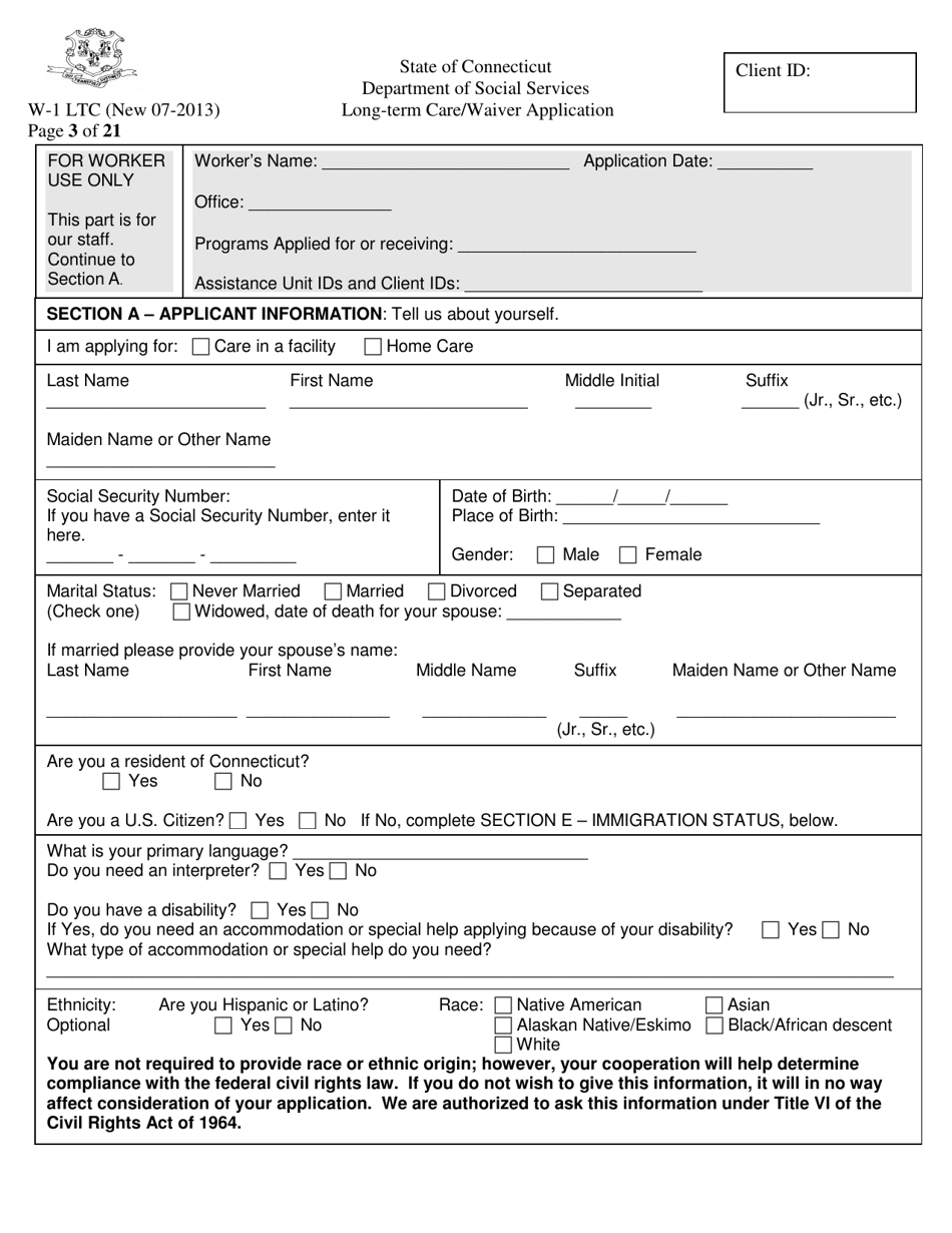 Form W-1 LTC Long-Term Care / Waiver Application - Connecticut, Page 3