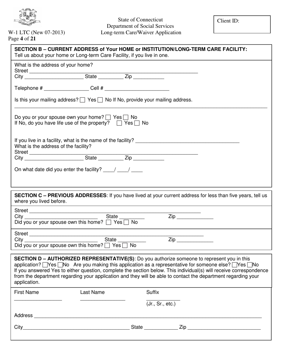 Form W-1 LTC Long-Term Care / Waiver Application - Connecticut, Page 4