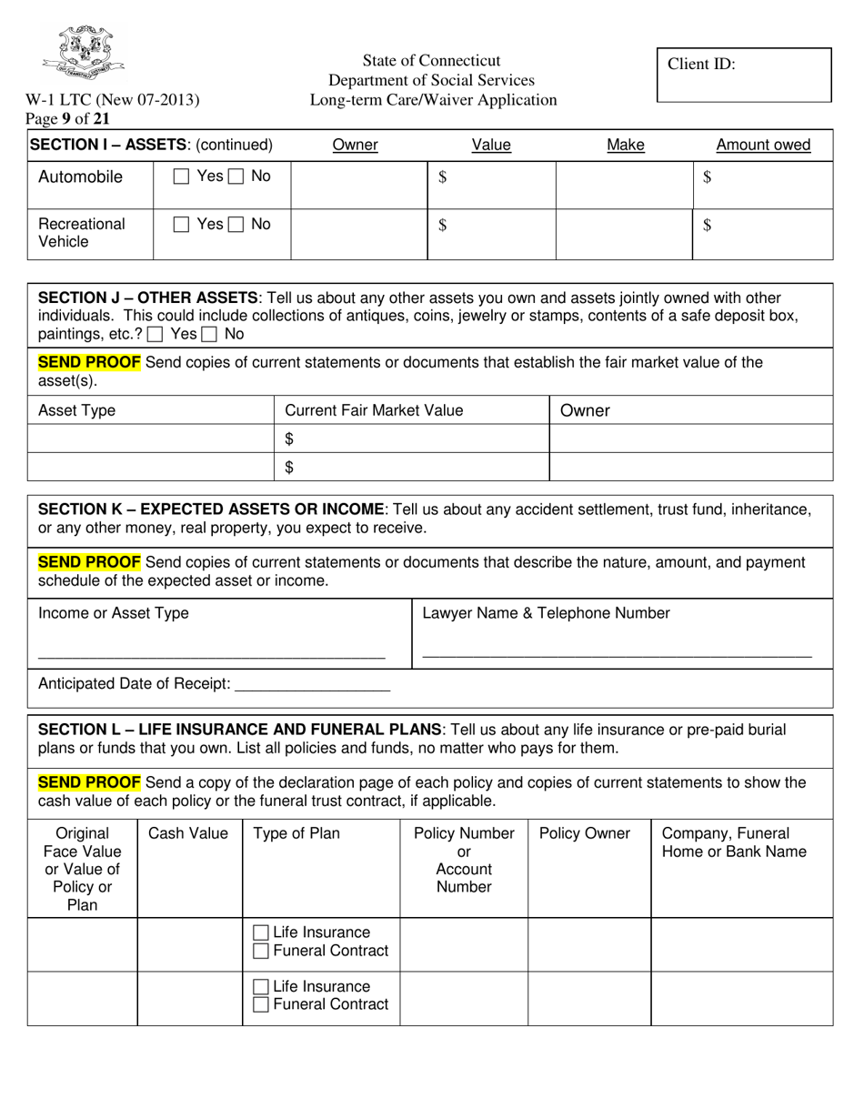 Form W-1 LTC Long-Term Care / Waiver Application - Connecticut, Page 9