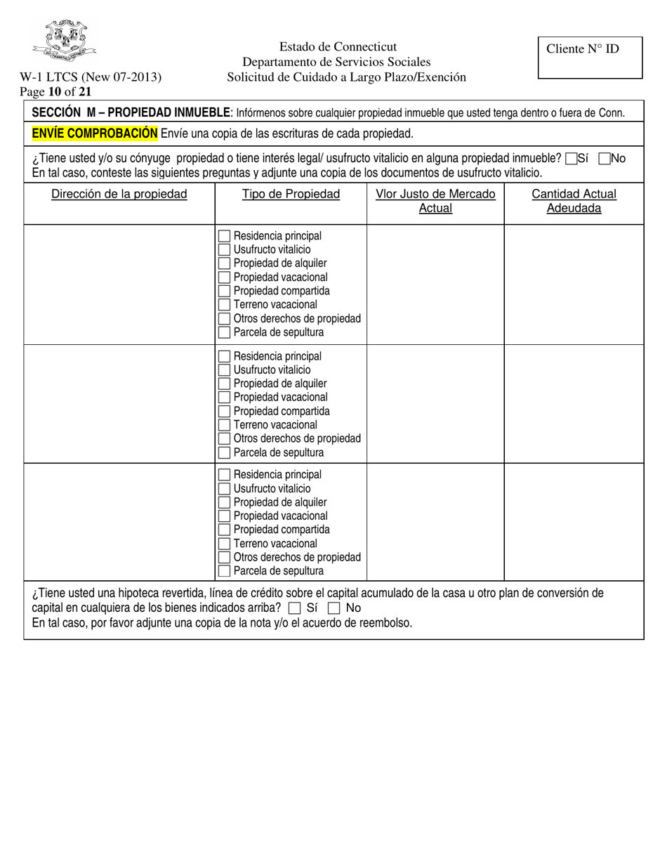 Formulario W-1 LTCS Solicitud De Cuidado a Largo Plazo / Exencion - Connecticut (Spanish), Page 10