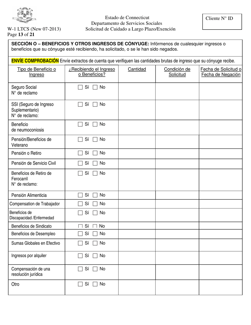 Formulario W-1 LTCS Solicitud De Cuidado a Largo Plazo / Exencion - Connecticut (Spanish), Page 13