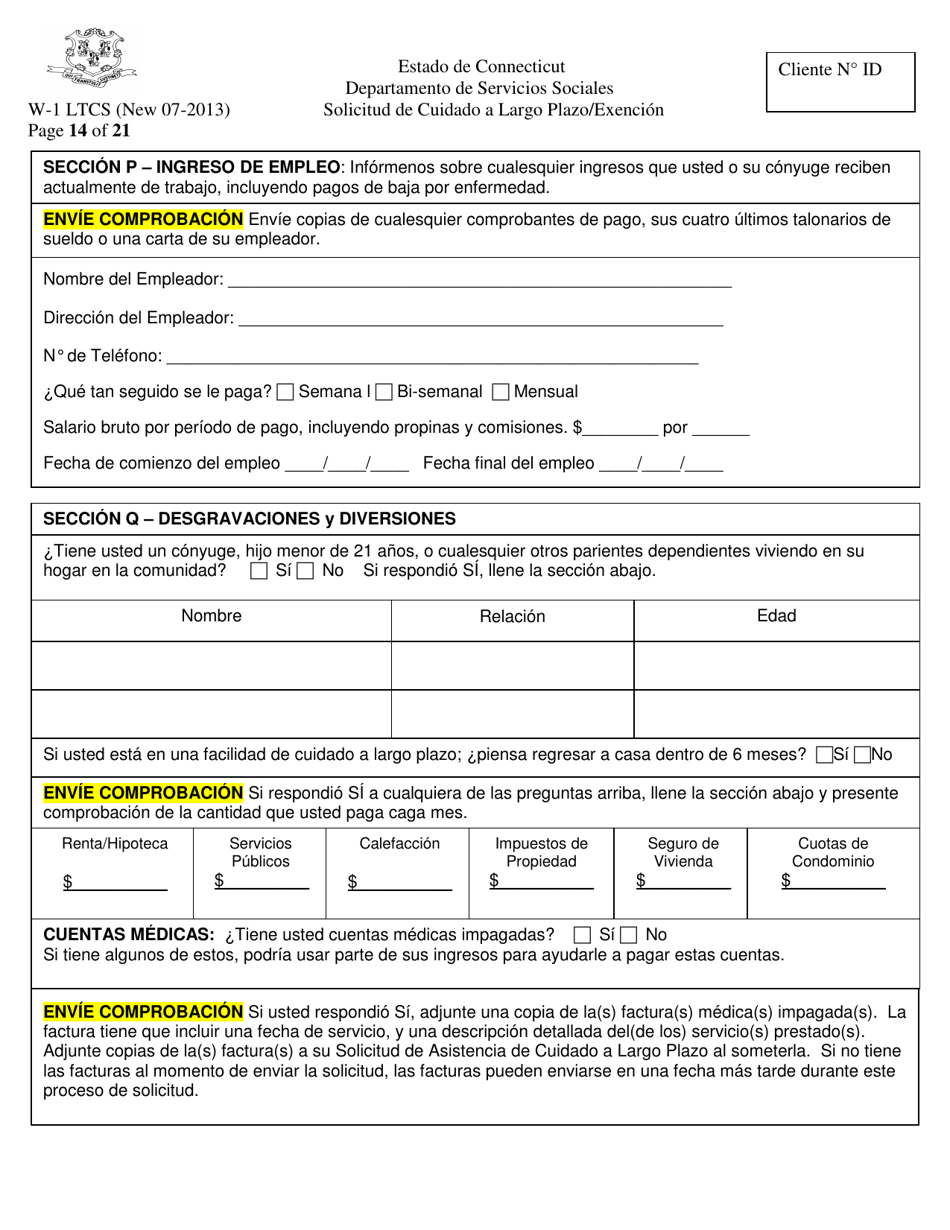Formulario W-1 LTCS Solicitud De Cuidado a Largo Plazo / Exencion - Connecticut (Spanish), Page 14
