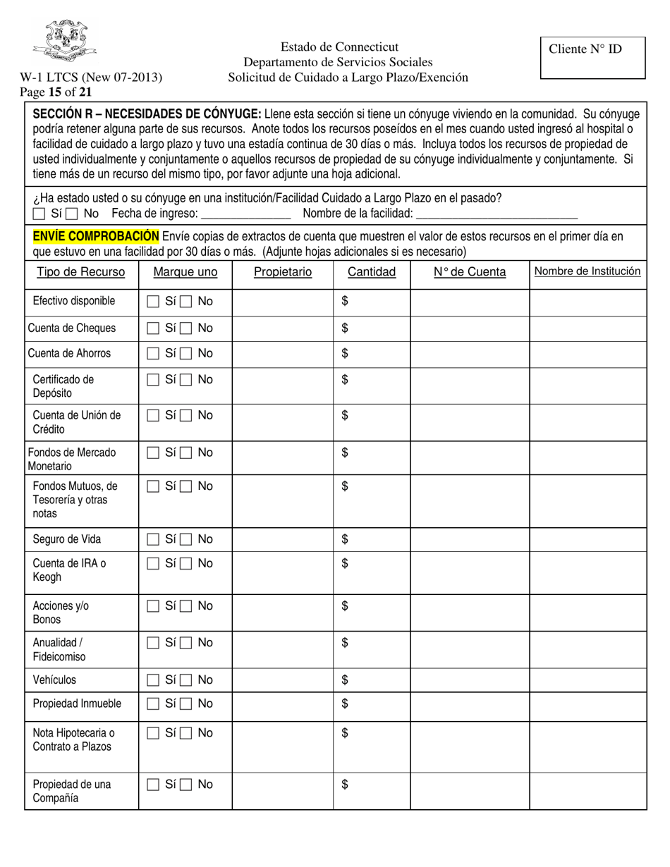Formulario W-1 LTCS Solicitud De Cuidado a Largo Plazo / Exencion - Connecticut (Spanish), Page 15