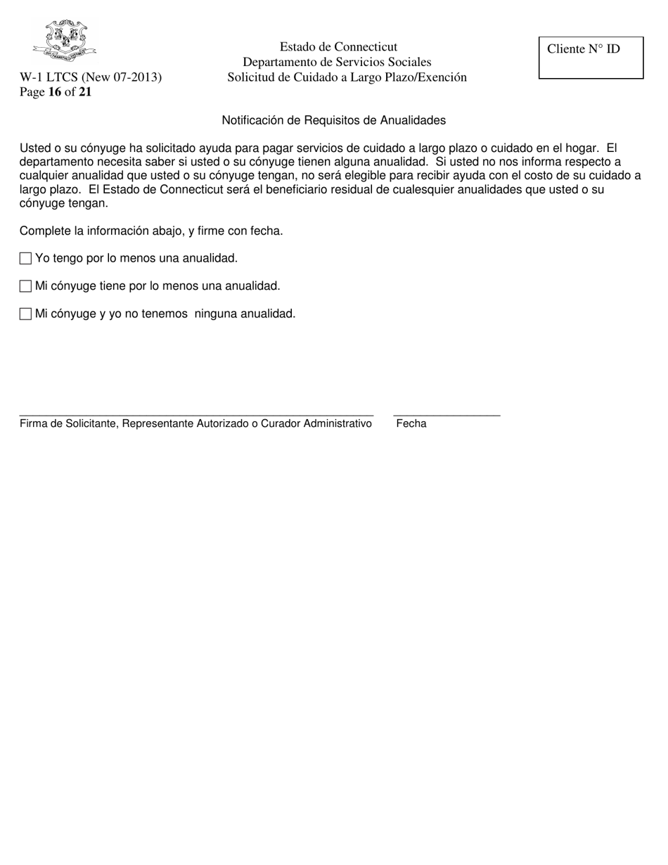 Formulario W-1 LTCS Solicitud De Cuidado a Largo Plazo / Exencion - Connecticut (Spanish), Page 16