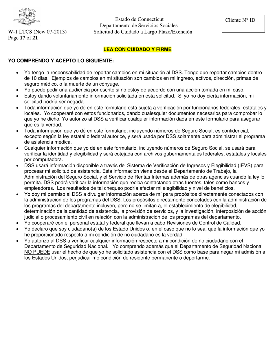 Formulario W-1 LTCS Solicitud De Cuidado a Largo Plazo / Exencion - Connecticut (Spanish), Page 17