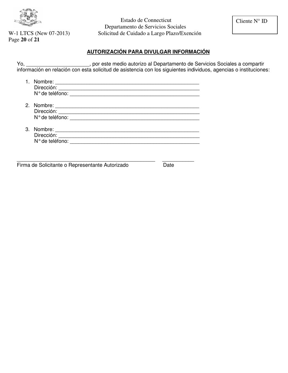 Formulario W-1 LTCS Solicitud De Cuidado a Largo Plazo / Exencion - Connecticut (Spanish), Page 20