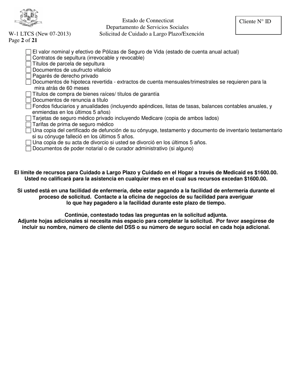 Formulario W-1 LTCS Solicitud De Cuidado a Largo Plazo / Exencion - Connecticut (Spanish), Page 2