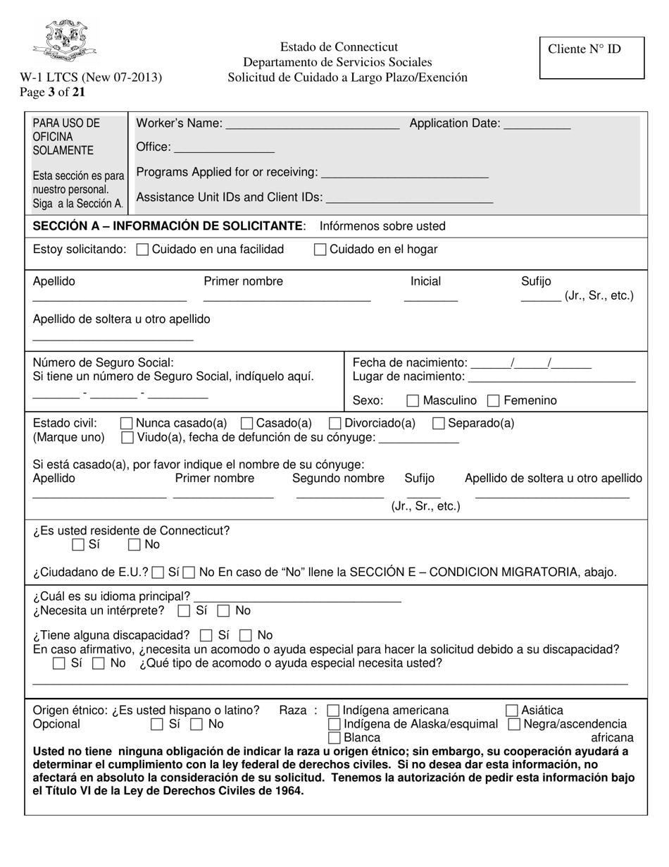 Formulario W-1 LTCS Solicitud De Cuidado a Largo Plazo / Exencion - Connecticut (Spanish), Page 3
