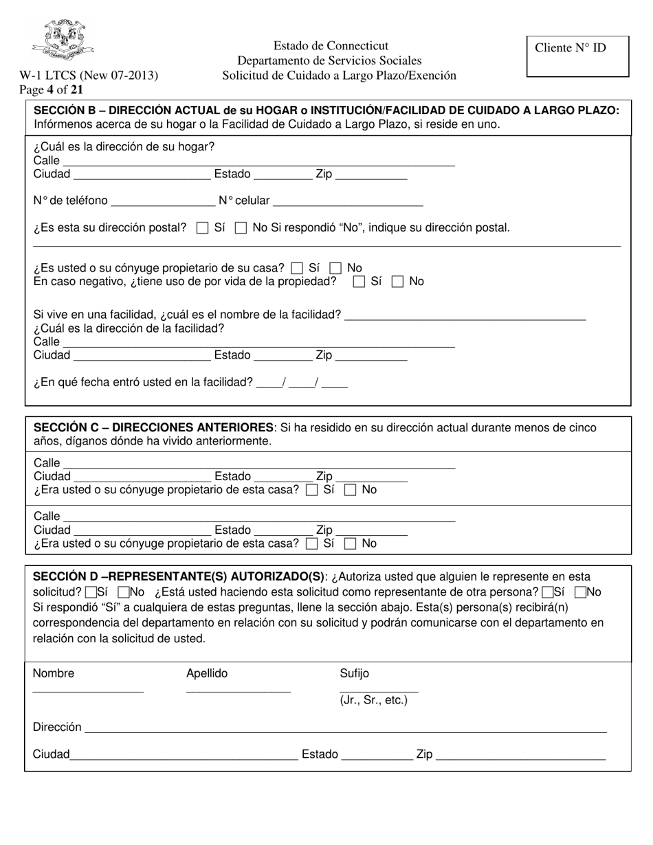 Formulario W-1 LTCS Solicitud De Cuidado a Largo Plazo / Exencion - Connecticut (Spanish), Page 4