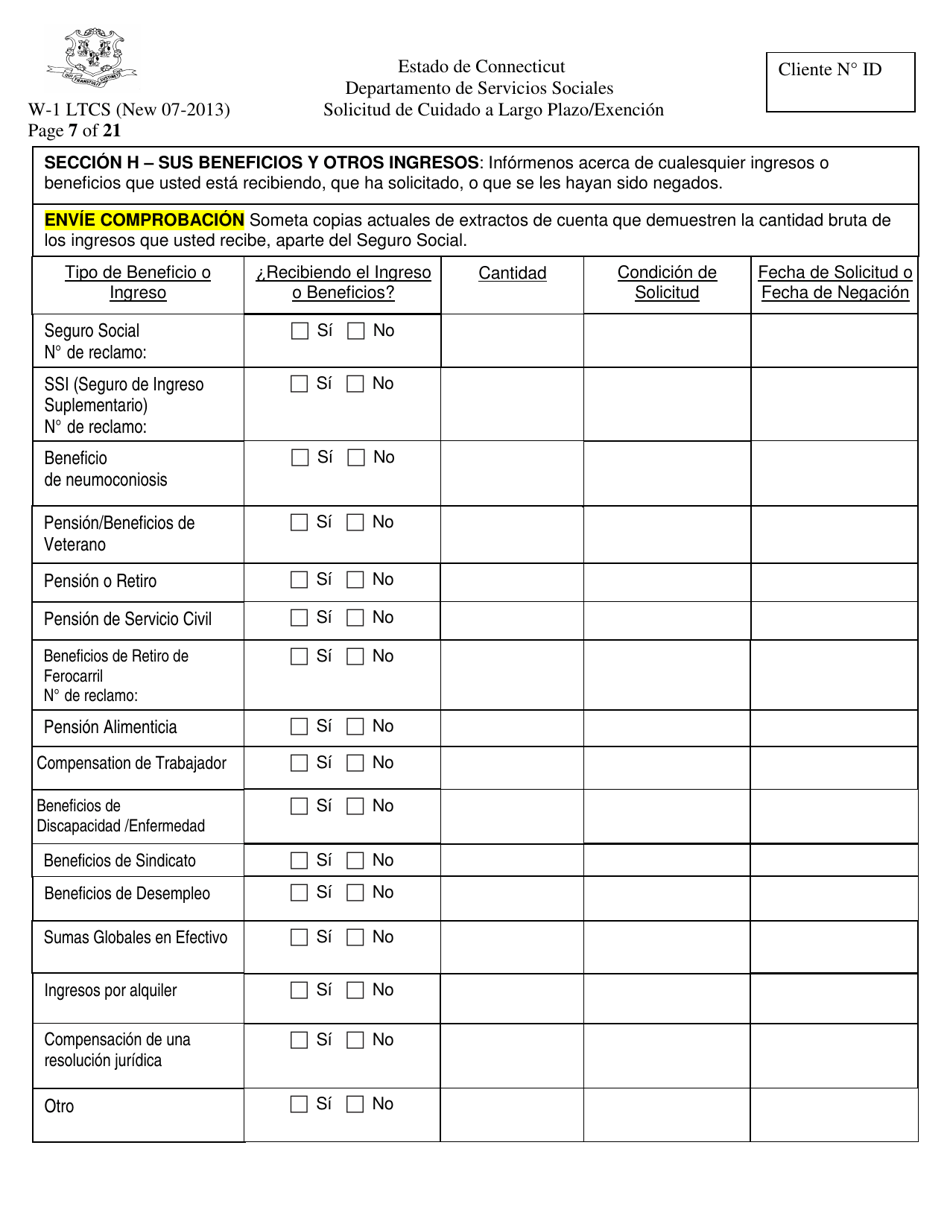 Formulario W-1 LTCS Solicitud De Cuidado a Largo Plazo / Exencion - Connecticut (Spanish), Page 7