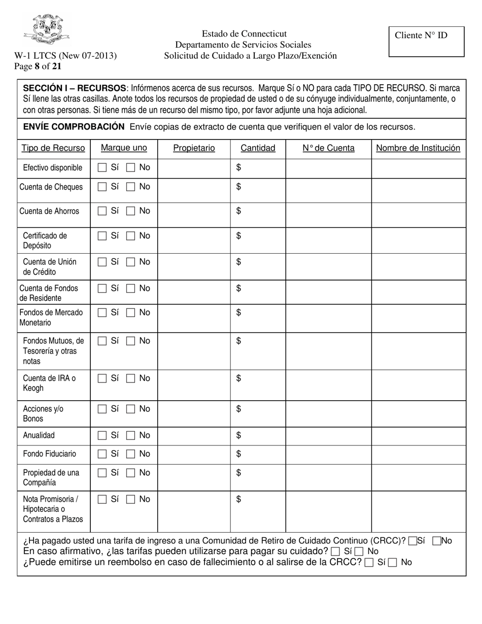 Formulario W-1 LTCS Solicitud De Cuidado a Largo Plazo / Exencion - Connecticut (Spanish), Page 8