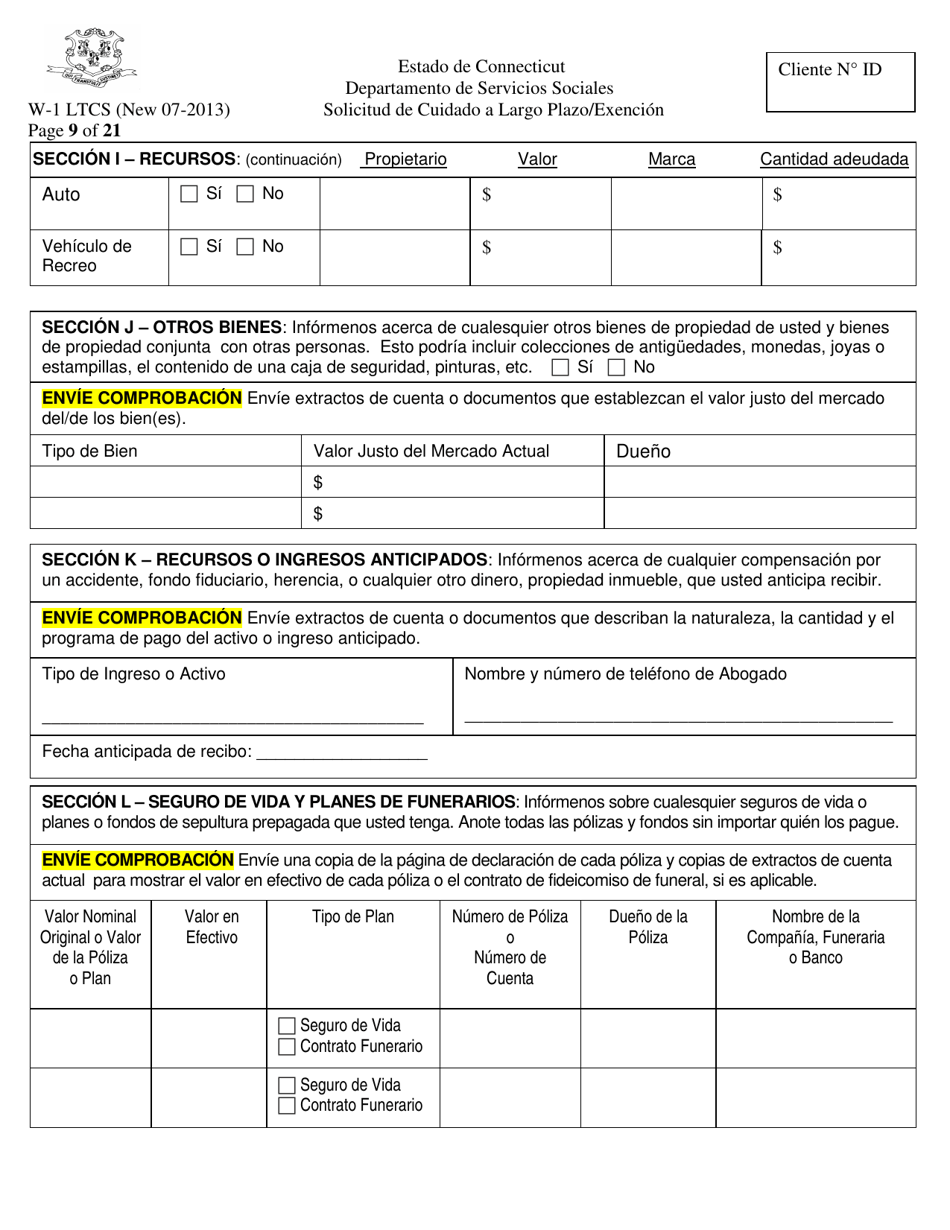 Formulario W-1 LTCS Solicitud De Cuidado a Largo Plazo / Exencion - Connecticut (Spanish), Page 9
