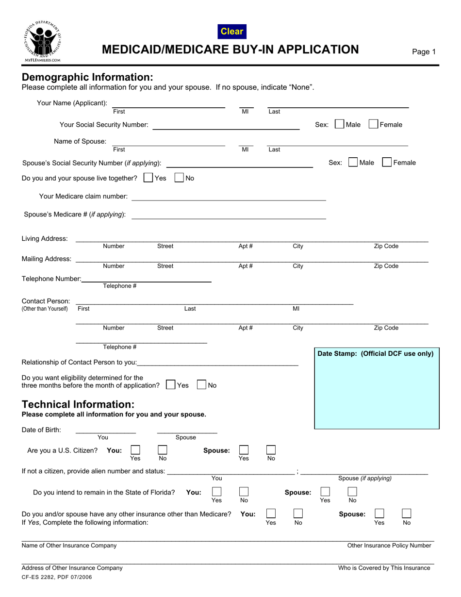 Form CF-ES2282 Medicaid / Medicare Buy-In Application - Florida, Page 1