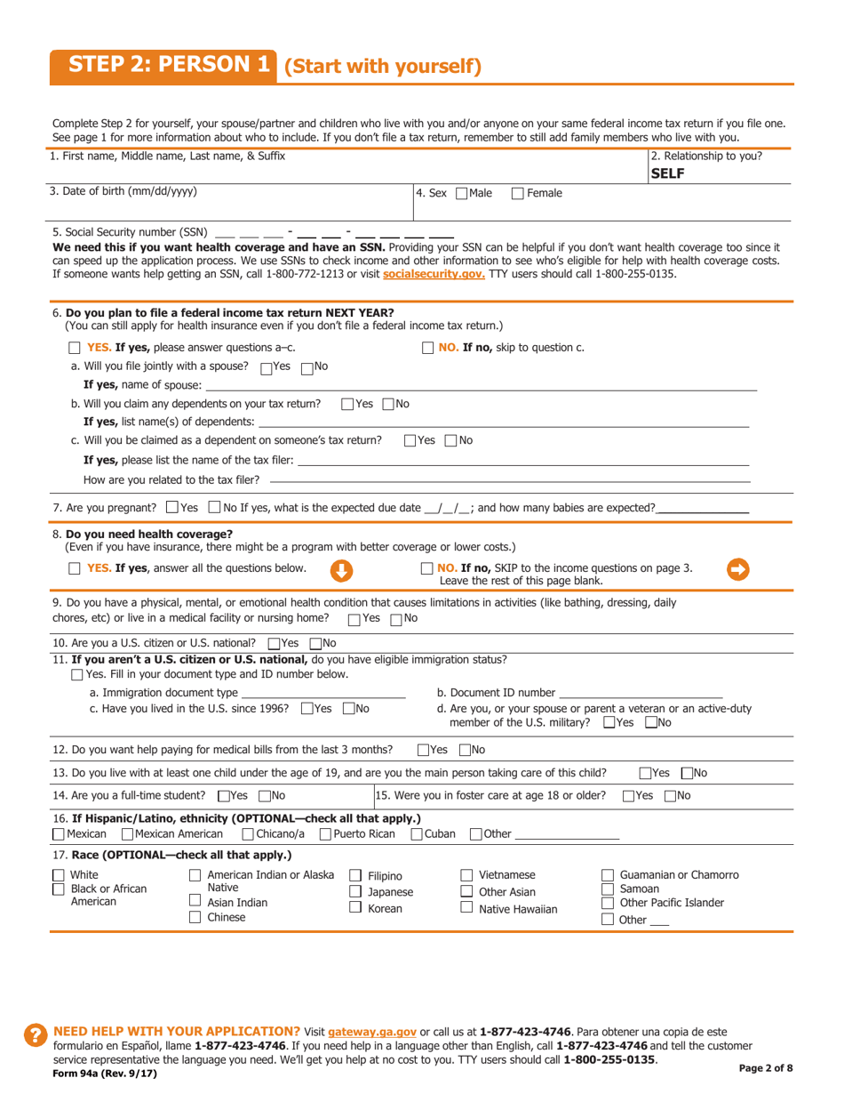 Form 94A Application for Health Coverage  Help Paying Costs - Georgia (United States), Page 3