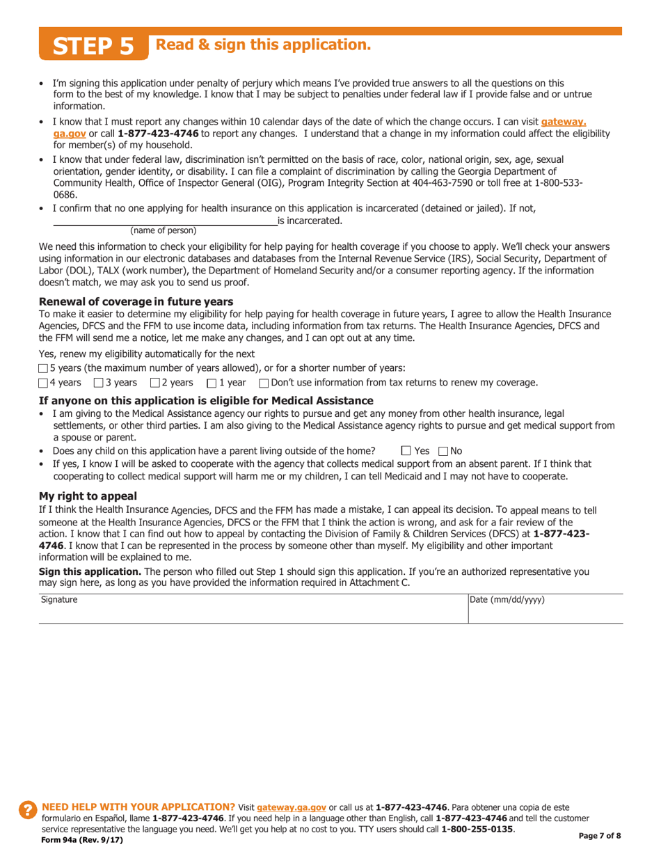 Form 94A Application for Health Coverage  Help Paying Costs - Georgia (United States), Page 8