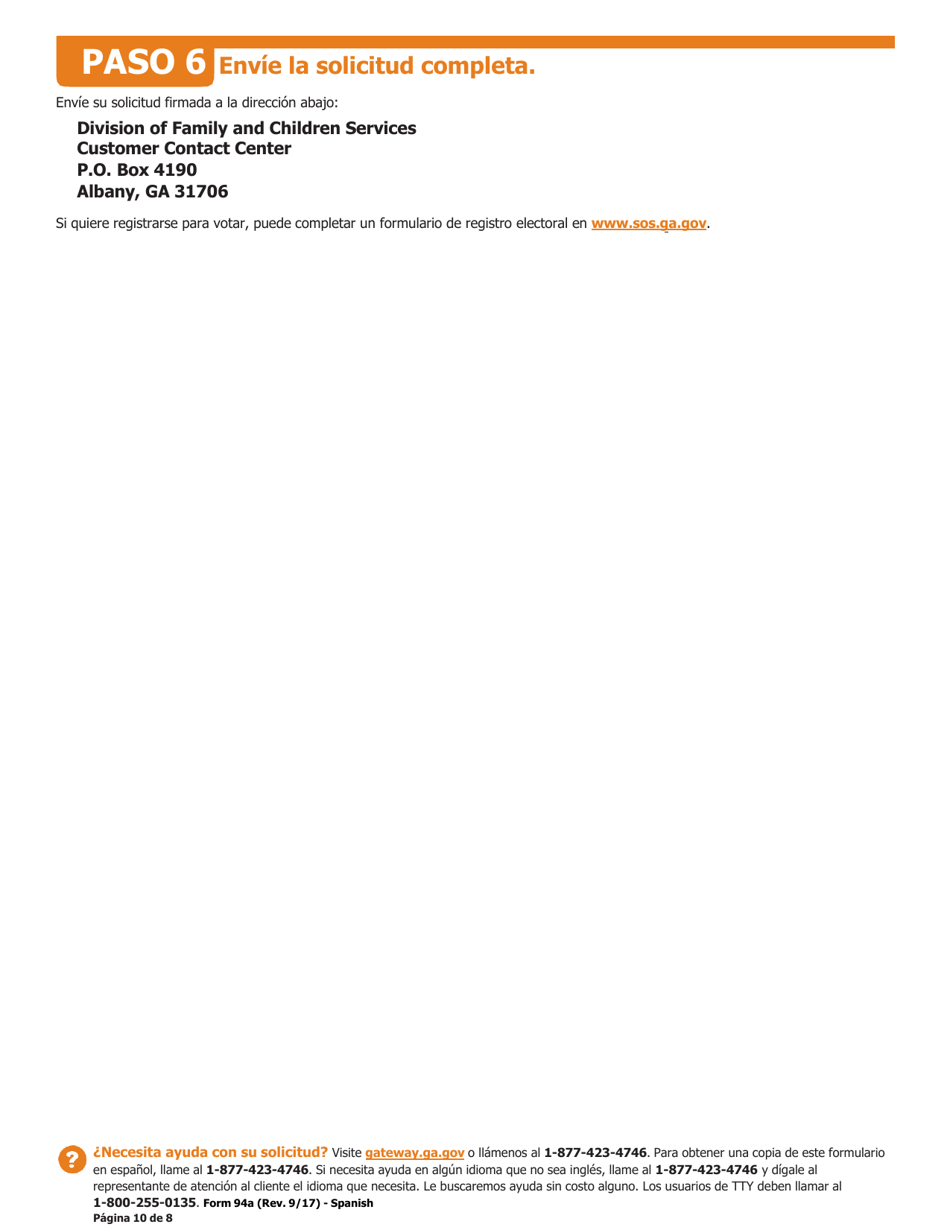 Formulario 94A Solicitud Para Cobertura De Salud Y Ayuda Pagando El Costo - Georgia (United States) (Spanish), Page 10
