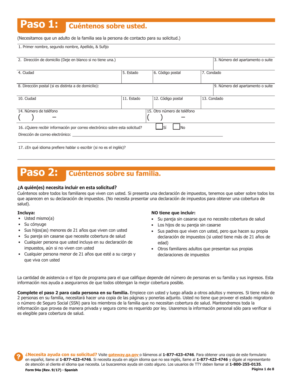 Formulario 94A Solicitud Para Cobertura De Salud Y Ayuda Pagando El Costo - Georgia (United States) (Spanish), Page 2