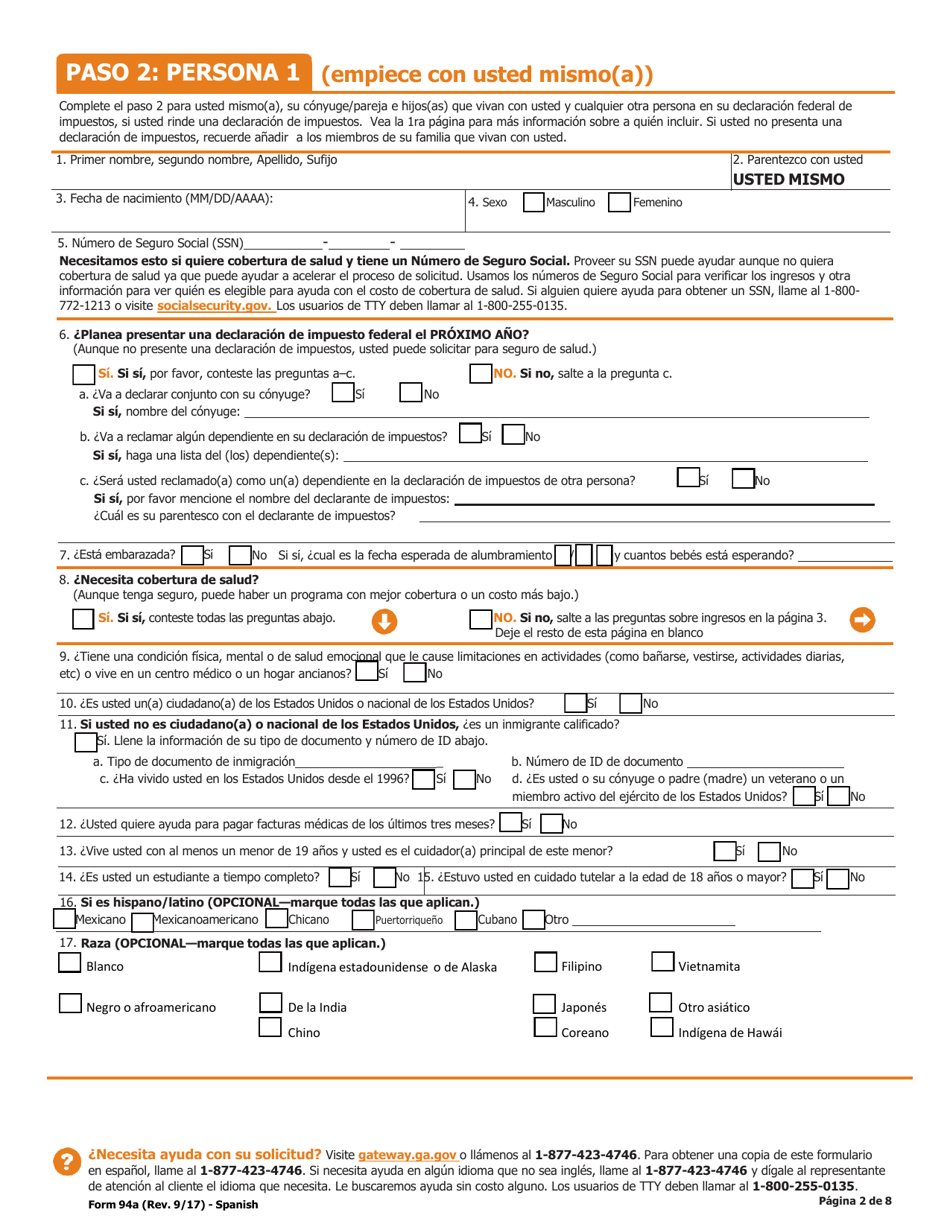 Formulario 94A Solicitud Para Cobertura De Salud Y Ayuda Pagando El Costo - Georgia (United States) (Spanish), Page 3
