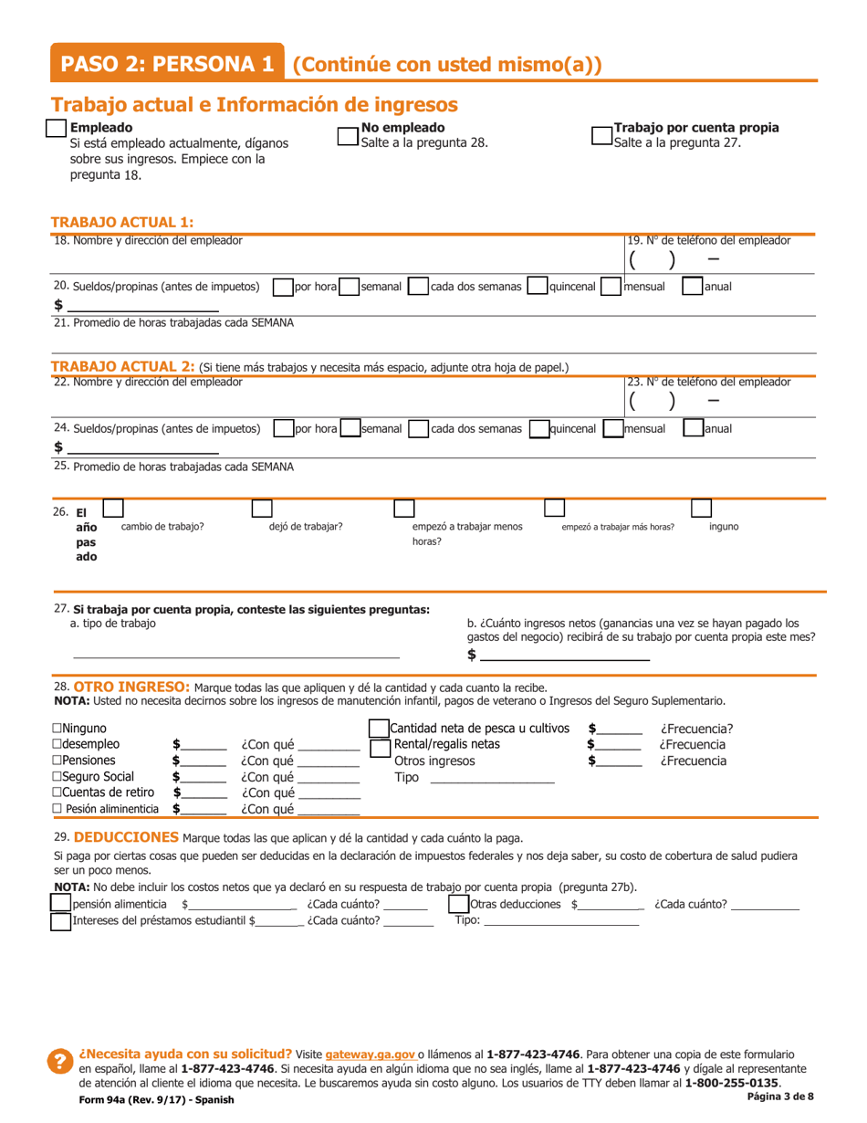Formulario 94A Solicitud Para Cobertura De Salud Y Ayuda Pagando El Costo - Georgia (United States) (Spanish), Page 4