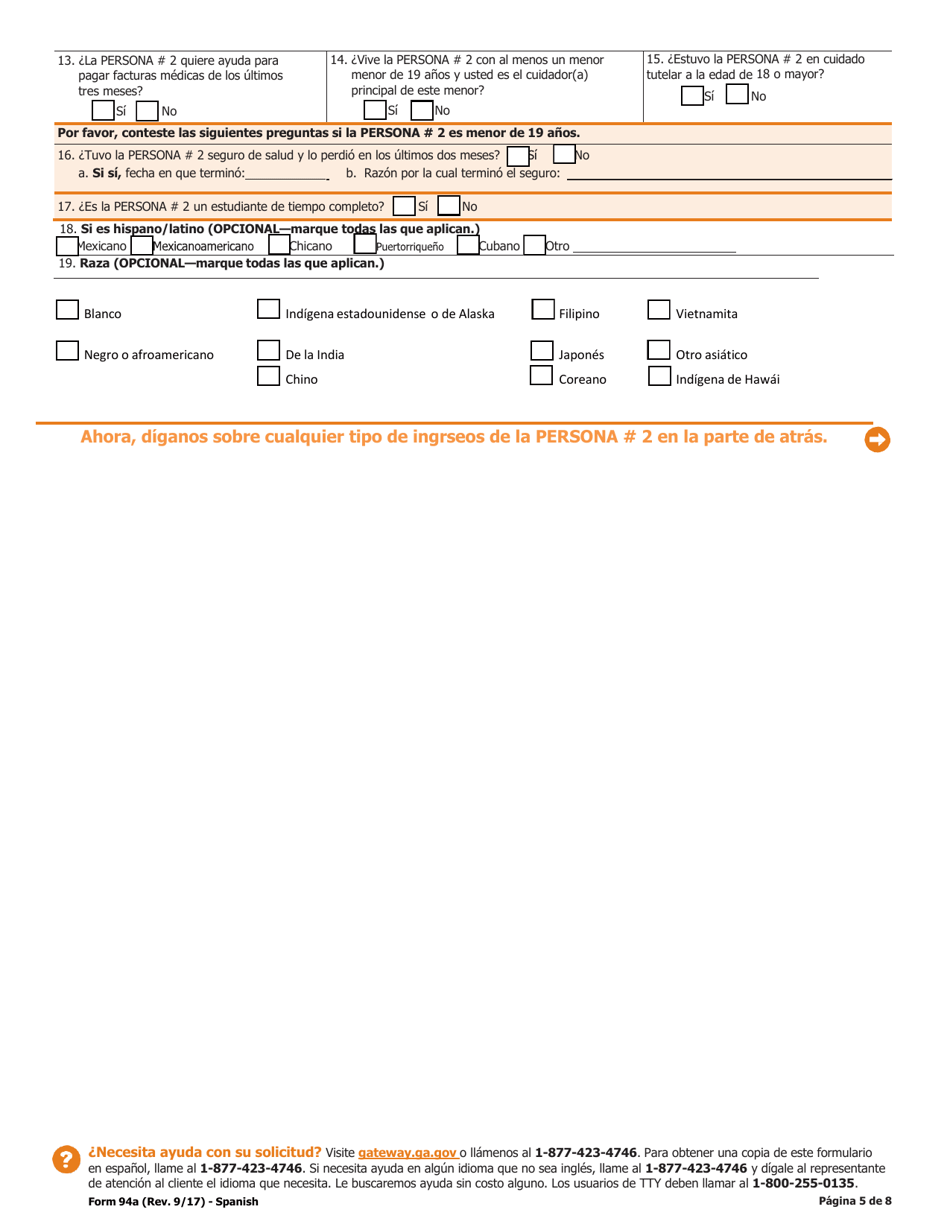 Formulario 94A Solicitud Para Cobertura De Salud Y Ayuda Pagando El Costo - Georgia (United States) (Spanish), Page 6