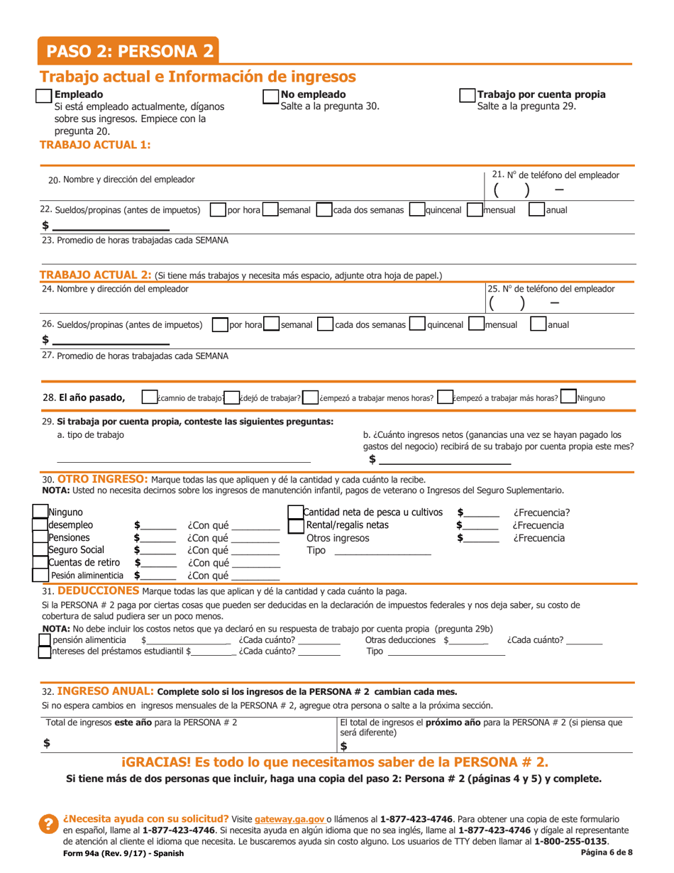Formulario 94A Solicitud Para Cobertura De Salud Y Ayuda Pagando El Costo - Georgia (United States) (Spanish), Page 7
