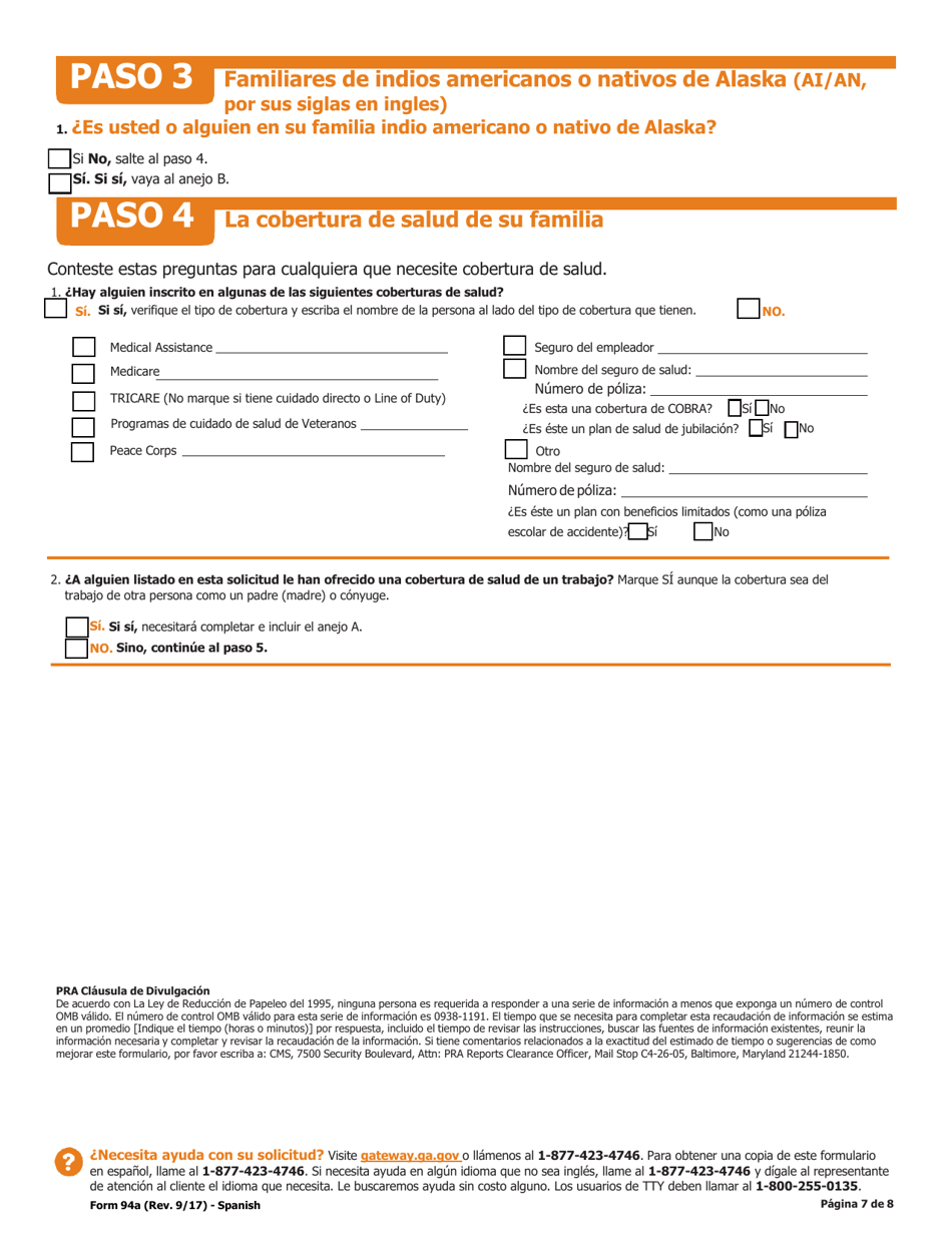 Formulario 94A Solicitud Para Cobertura De Salud Y Ayuda Pagando El Costo - Georgia (United States) (Spanish), Page 8