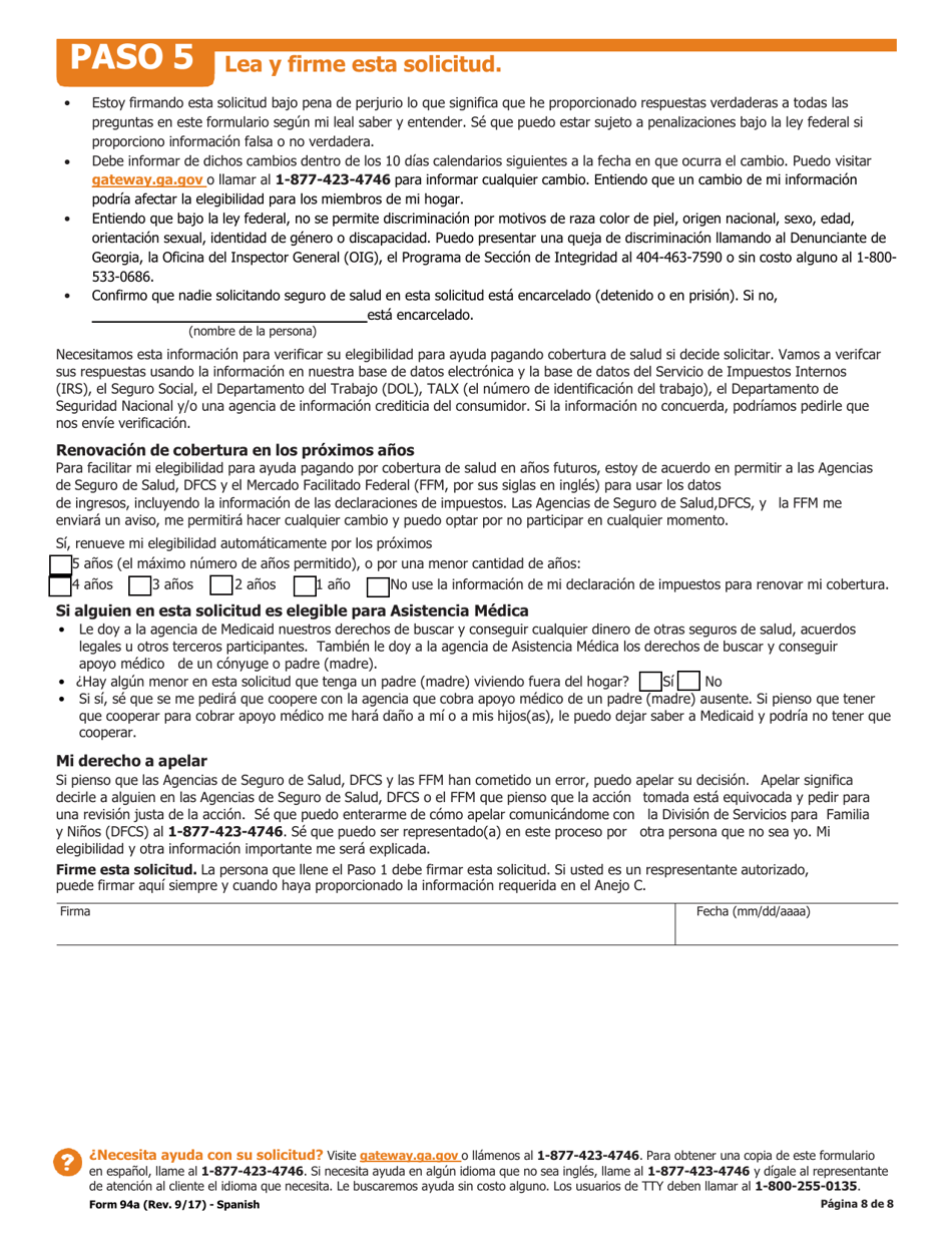 Formulario 94A Solicitud Para Cobertura De Salud Y Ayuda Pagando El Costo - Georgia (United States) (Spanish), Page 9