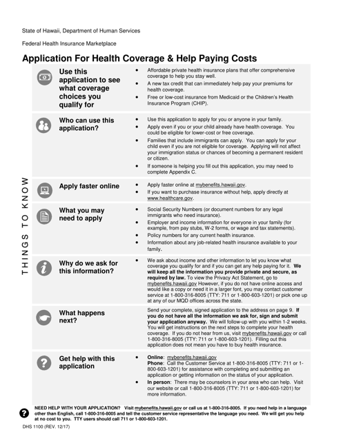 Form DHS1100 Application for Health Coverage & Help Paying Costs - Hawaii