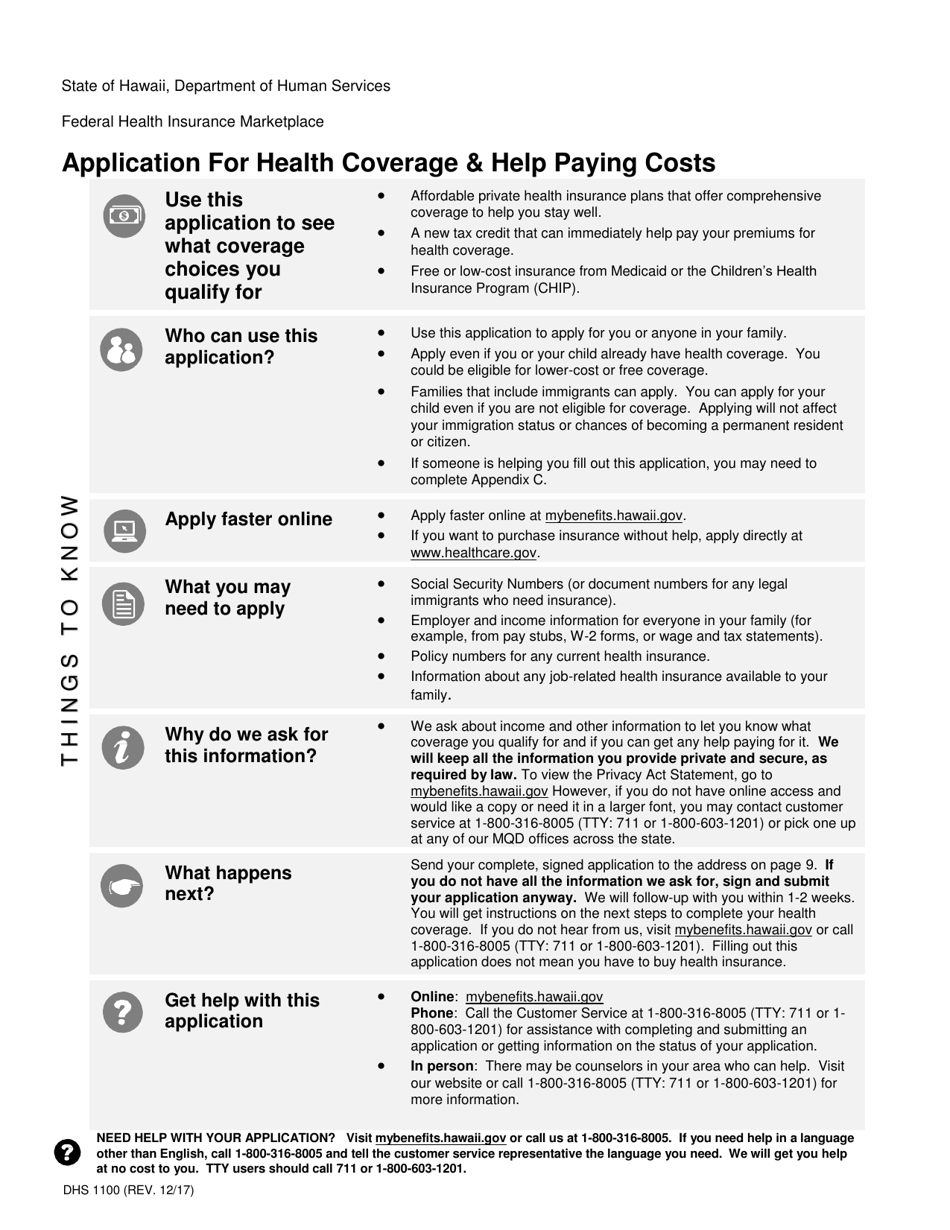 Form DHS1100 Application for Health Coverage  Help Paying Costs - Hawaii, Page 1