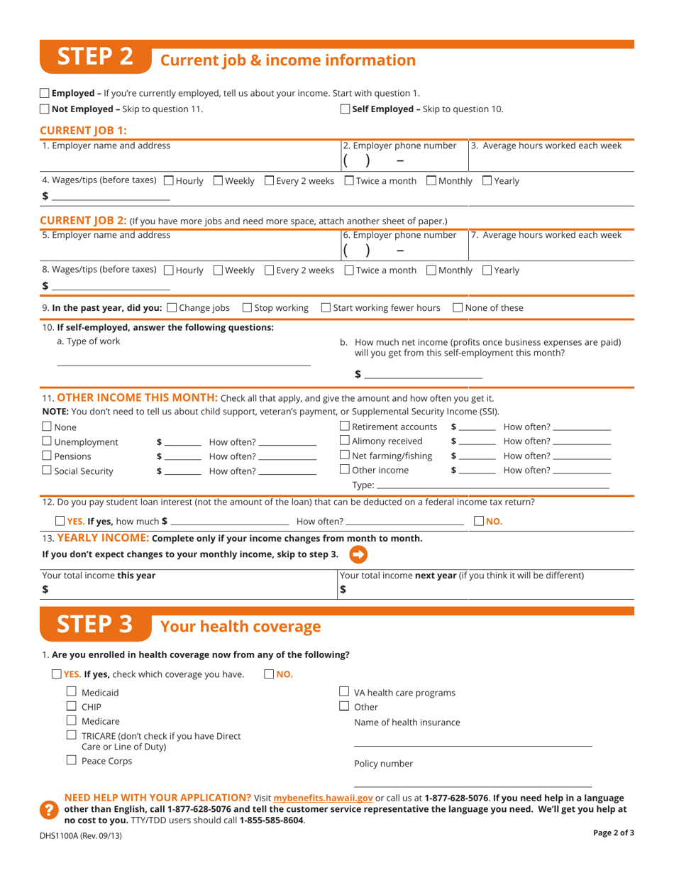 Form DHS1100A Application for Health Coverage  Help Paying Costs (Short Form) - Hawaii, Page 4