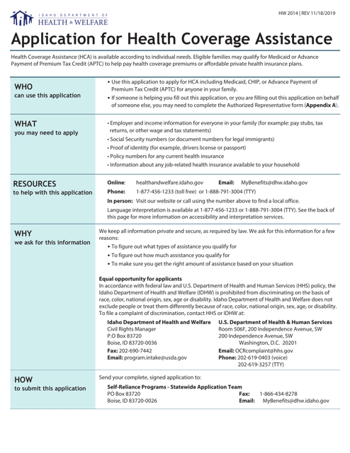 Form HW2014 Application for Health Coverage Assistance - Idaho