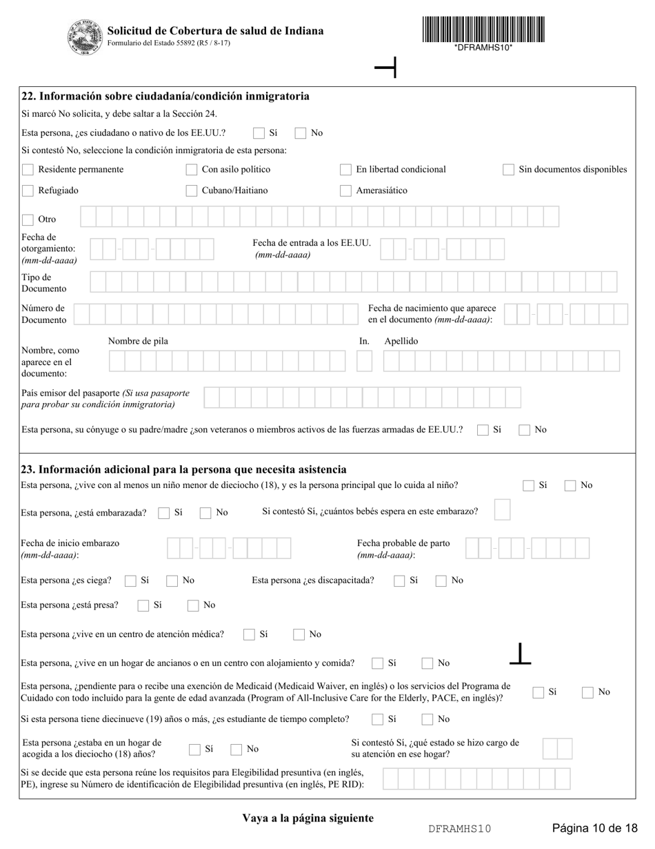 State Formulario 55390 Solicitud De Cobertura De Salud De Indiana - Indiana (Spanish), Page 10