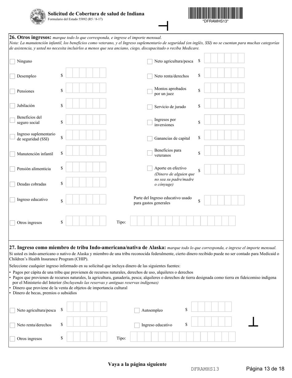 State Formulario 55390 Solicitud De Cobertura De Salud De Indiana - Indiana (Spanish), Page 13