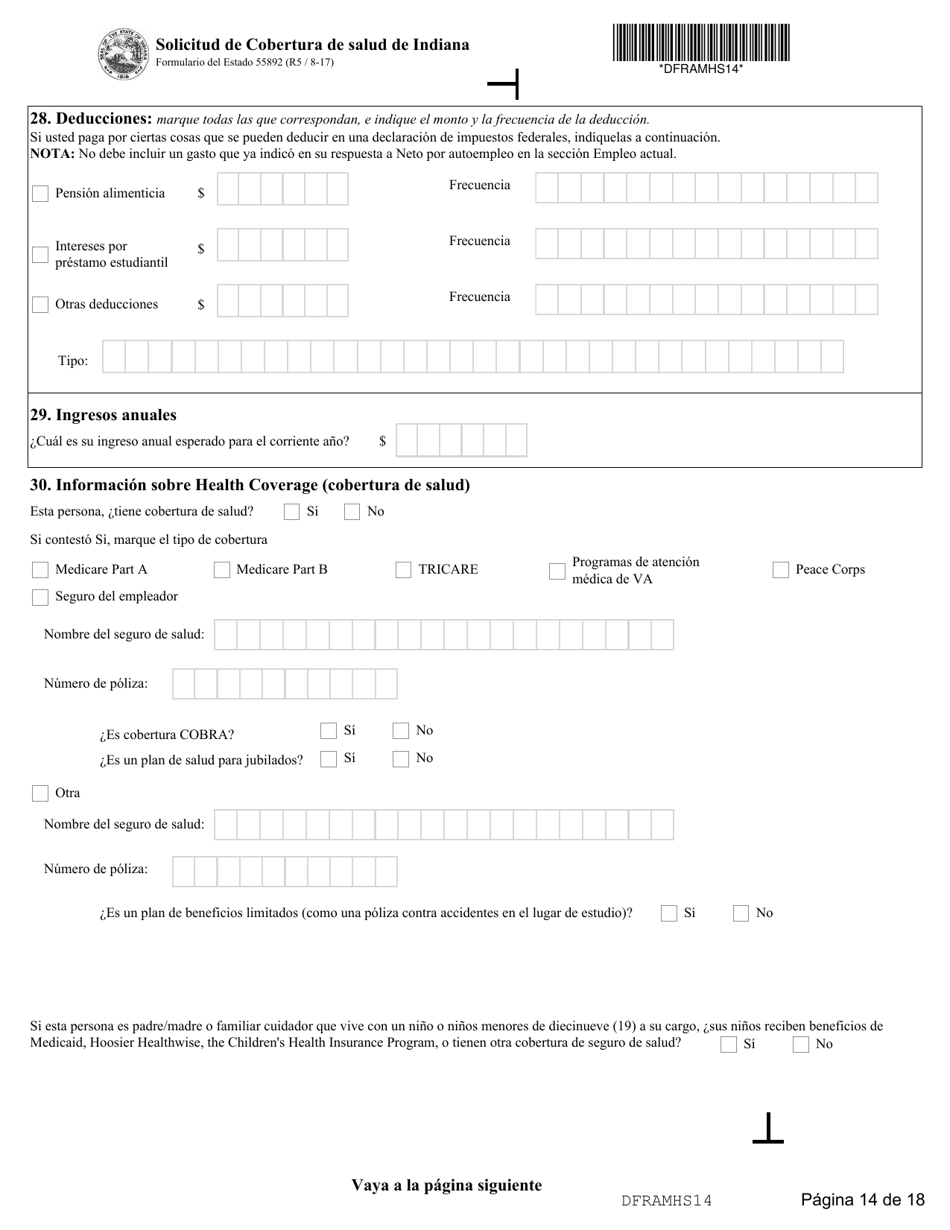 State Formulario 55390 Solicitud De Cobertura De Salud De Indiana - Indiana (Spanish), Page 14
