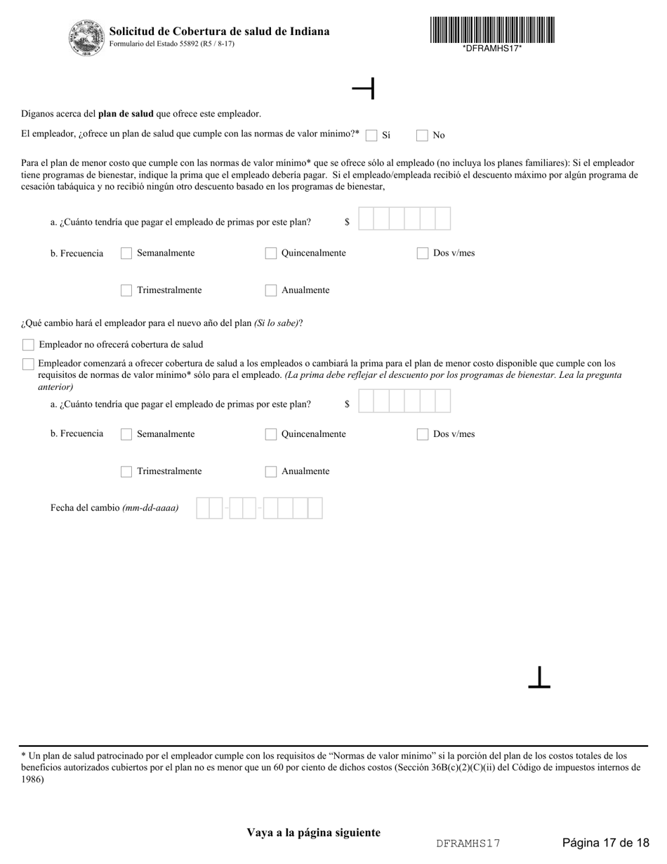 State Formulario 55390 Solicitud De Cobertura De Salud De Indiana - Indiana (Spanish), Page 17