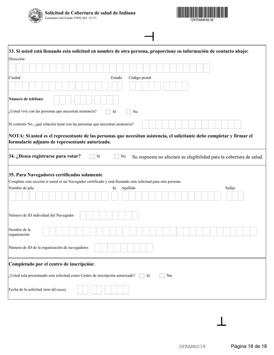 State Formulario 55390 Solicitud De Cobertura De Salud De Indiana - Indiana (Spanish), Page 18